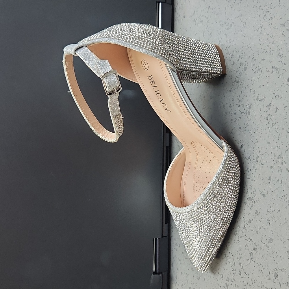 Point Toe Silver Rhinestone Chunky Heel